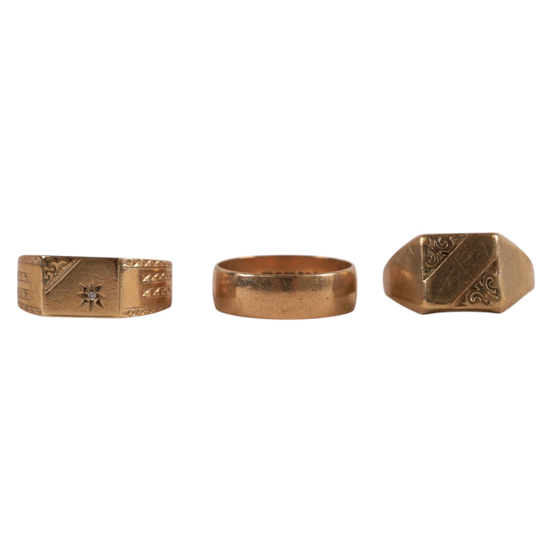 Three 9ct gold rings, comprising two signet rings, one set with diamond chip and a wedding band, all hallmarked 