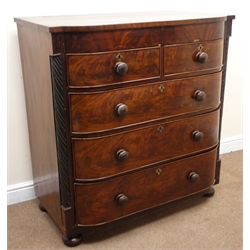  Victorian mahogany breakfront chest, two short and three long drawers, bun feet, W107cm, H112cm, D53cm  