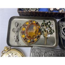 Silver jewellery, including ingot pendant, cameo ring and earrings and bracelet, together with a collection of costume brooches and necklaces, and two pocket watches
