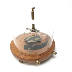  Philip Harris Ltd. Astatic Galvanometer, black curved scale on brass supports, adjustable pointer under glass cover on circular  mahogany base with adjustable brass feet, D24cm, H23cm  