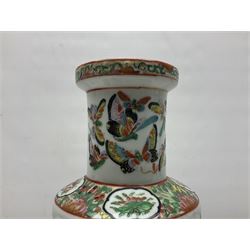 19th century Chinese Canton vase of slender baluster form, decorated with butterflies and floral panel to the neck, H30cm