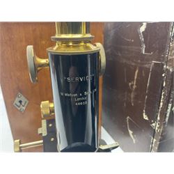 Three W. Watson & Sons microscopes, comprising Barnet binocular no 125253, Kima no 123196 and Service no 44858, all boxed 