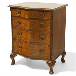 Queen Anne design figured walnut serpentine-front chest, fitted with four graduating cock-beaded drawers flanked by canted fluted uprights, on cabriole feet