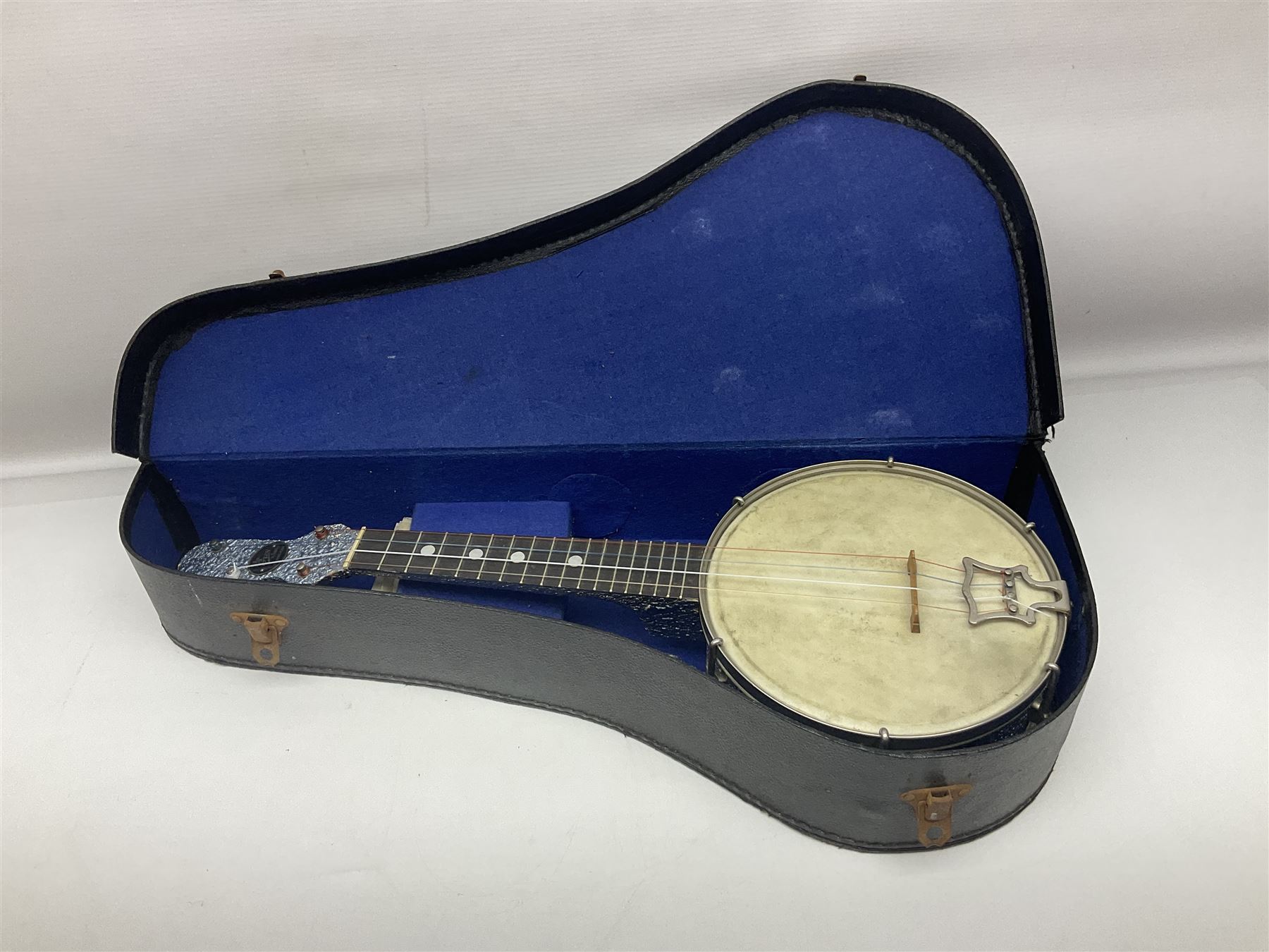 John Grey & Sons banjolele with unusual all over mottled blue and silver textured finish L57cm; in carrying case