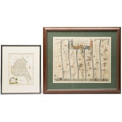 After John Ogilby (British 1600-1676): The Road from York to Lancaster, hand coloured engraving 35.5cm x 45.5cm; After John Ellis (British 18th century): The East Riding of Yorkshire, hand coloured engraving 24.5cm x 19.5cm (2)
Notes: Ogilby's map was first published in his road atlas 'Britannia' in 1675. Ellis' map was first published in 1766.