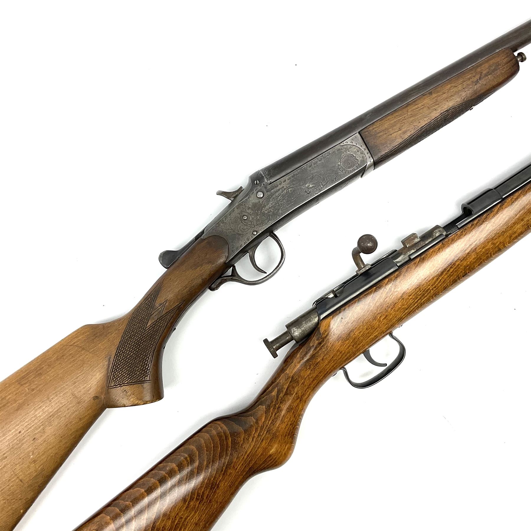 Webley & Scott .410 bolt action single barrel shotgun, no visible number L115cm overall; and Spanish .410 single barrel shotgun with 74.5cm barrel, serial no.54664 L117cm overall (2) SHOTGUN CERTIFICATE REQUIRED