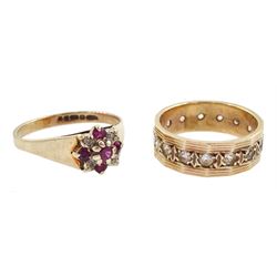 Gold ruby and diamond cluster ring and a gold white sapphire full eternity ring, both 9ct