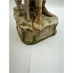 Pair of Royal Dux figures, no. 1115, modelled as a shepherd with a goat by his side and a shepherdess feeding a lamb, each wearing flowing green and pink robes with gilt detailing, with pink triangle mark beneath, H51cm