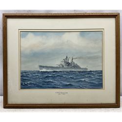 Commander Eric Erskine Campbell Tufnell RN (British 1888-1979): 'HMS Essington', 'HMS Vanguard', 'HMS Galatea', 'HMS Humber', and 'HMS Burnham', set five watercolours heightened in white signed and titled 26cm x 37cm (5)