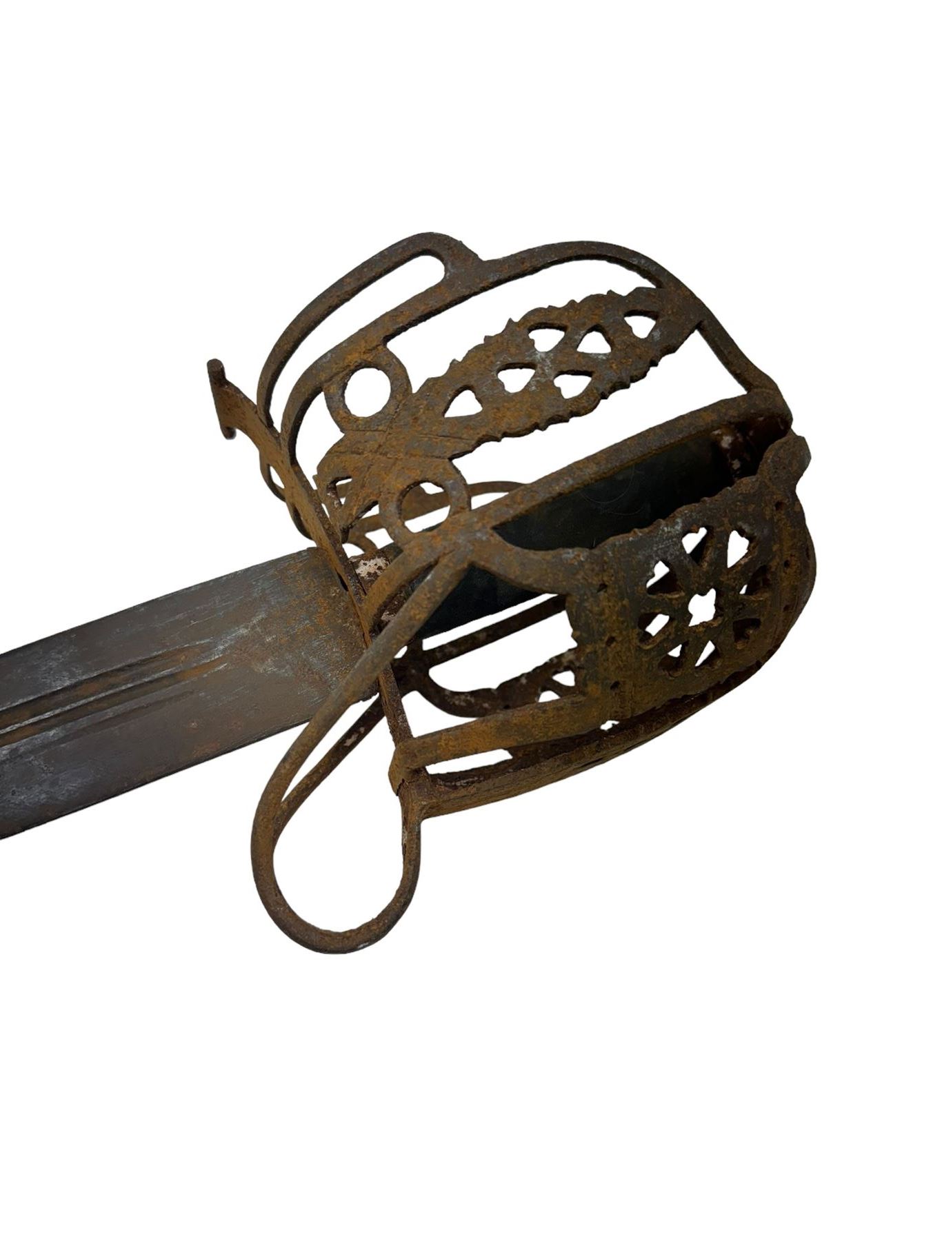 Scottish basket-hilted sword, double-edged blade L95cm cut with three narrow fullers, marked with a pair of crescent moons, L112cm 