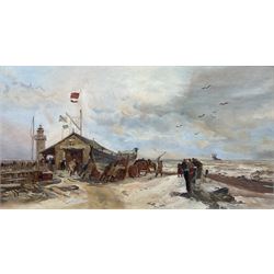Dutch School (Early 20th century): Launching the Lifeboat, oil on canvas unsigned 32cm x 60cm