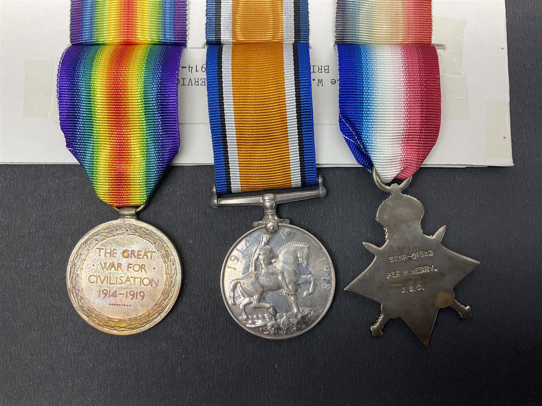 WWI trio of medals comprising British War Medal, Victory Medal and 1914-15 Star awarded to S2SR-01529 Pte. W. Merry A.S.C.; all with ribbons