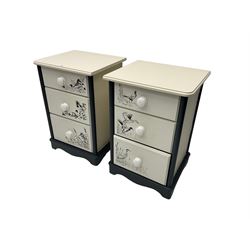 Pair painted bedside chests, fitted with three drawers, in black and white with stencil detail of birds