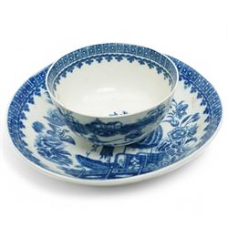 18th century Caughley tea cup and saucer of fluted design decorated in blue and gilt, blue 'S' mark, Bloor Derby coffee can and saucer in red, blue and gilt; 18th century Worcester tea bowls decorated in the Pleasure Boat or Fishermans pattern, and a Liverpool tea bowl decorated in the Penningtons Cannonball pattern