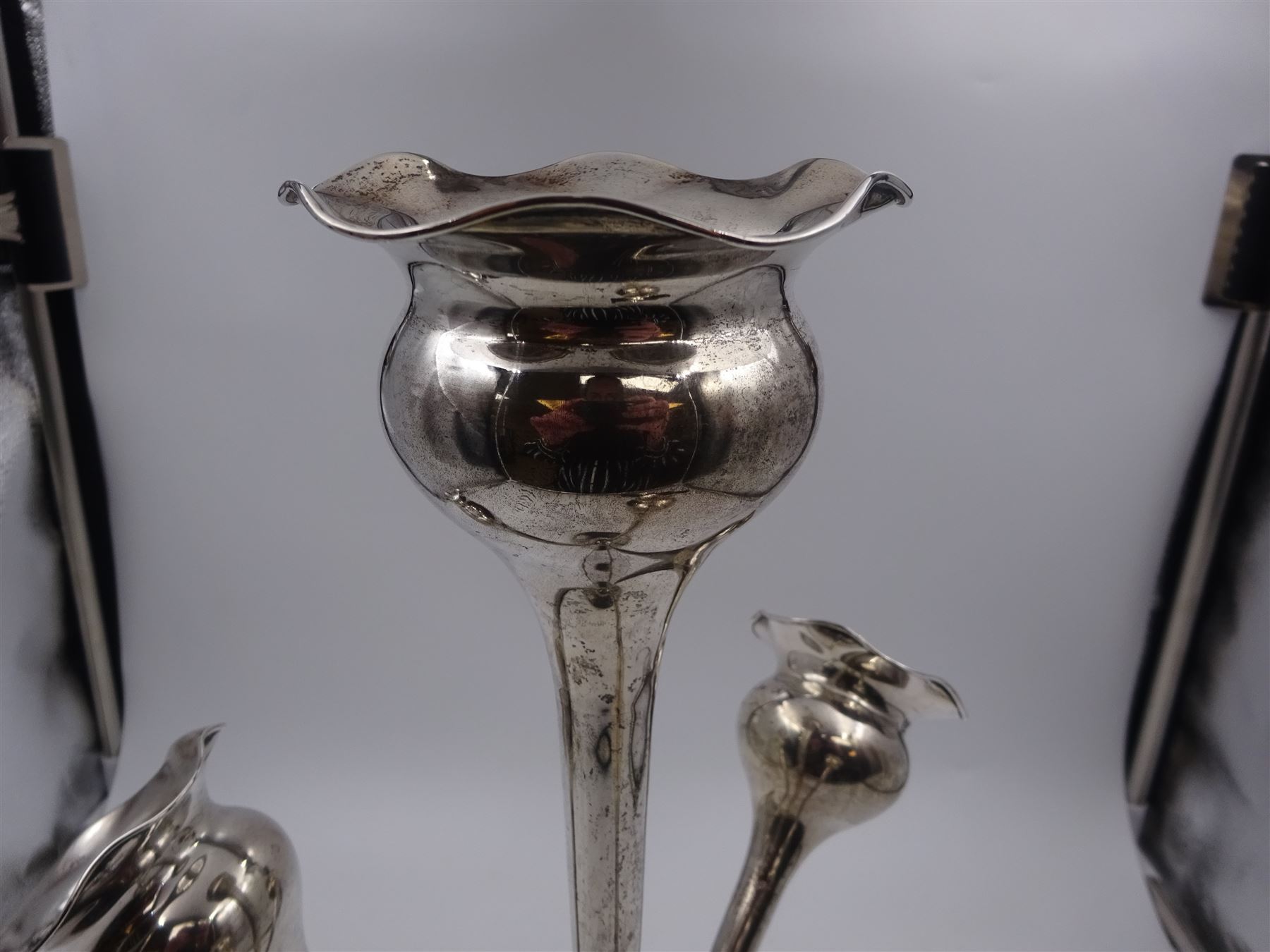 Early 20th century silver epergne, with four fluted branches, upon a weighted domed circular foot, engraved foot with monogram date 1887-1912, hallmarked Colen Hewer Cheshire, Chester 1910, H39.2cm