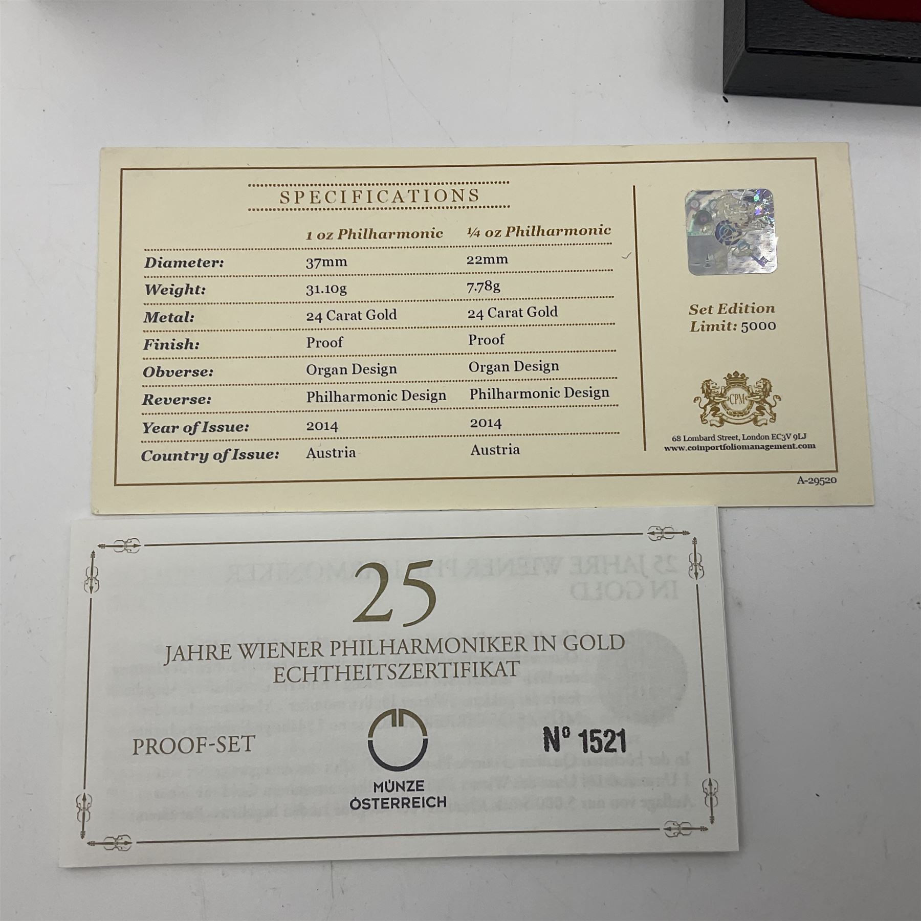 Austria 2014 gold proof two coin set, comprising one ounce fine gold one-hundred Euro and quarter ounce fine gold twenty-five Euro coins, cased with certificate