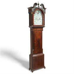 Henry Fisher of Preston (Lancs)- a fine late 18th century Mahogany 8-day longcase clock c 1790, with a swan necked pediment, brass paterie and Verre Eglomise glass panels with a blue ground beneath, broken arch hood door flanked by reeded pilasters with brass Corinthian capitals, trunk with inset reeded quarter columns and a wavy topped door in figured mahogany, plinth with conforming canted corners, raised panel and bracket feet, with an early Wilson painted dial comprising a colourful depiction of birds of paradise to the centre and a working lunar disc to the arch, with painted floral spandrels within gesso borders and matching steel hands, Roman numerals, five-minute Arabic's, minute markers and matching seconds and date dials, dial pinned via a cast Wilson falseplate to a rack striking four-pillar movement, striking the hours on a bell. With weights and pendulum.
Henry Fisher is recorded as working in Preston, c1742-95.
 