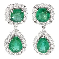Pair of 18ct white gold pear and round cut emerald and round brilliant cut diamond pendant stud earrings, stamped, total emerald weight approx 3.45 carat, total diamond weight approx 1.70 carat