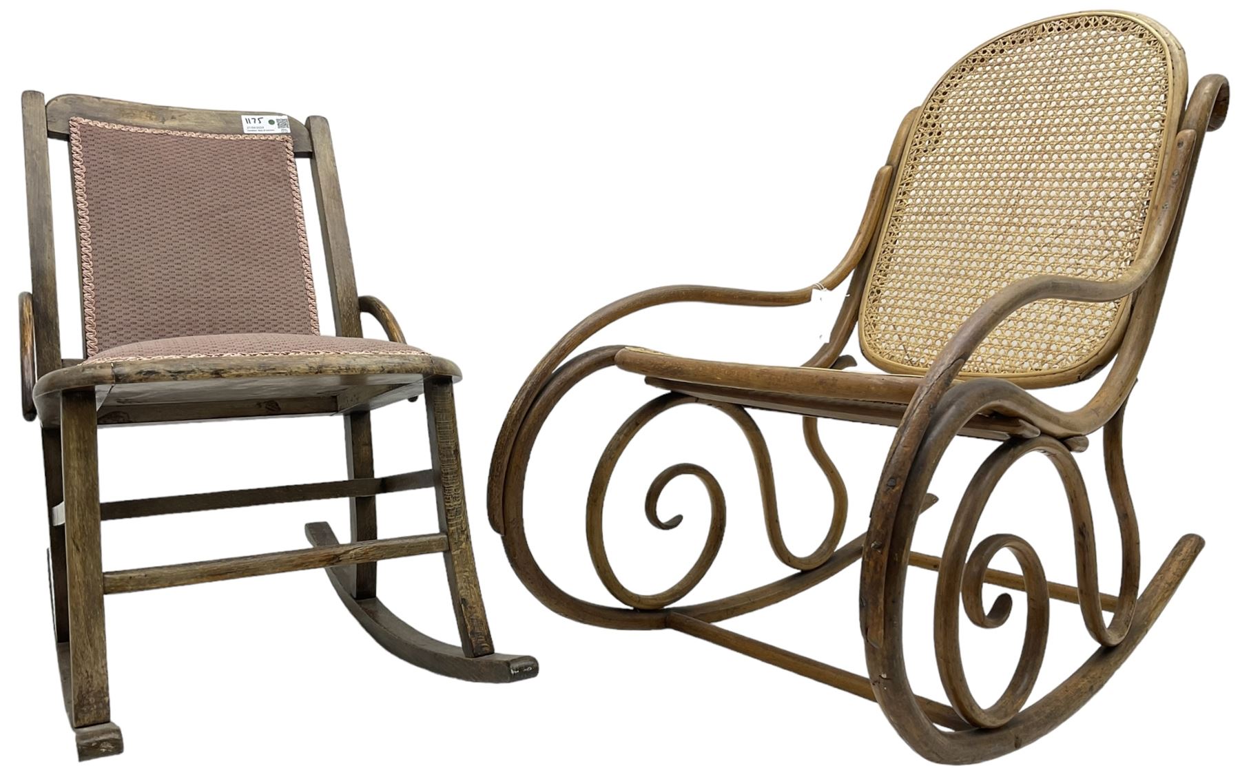 Early 20th century Michael Thonet design bentwood rocking chair, with cane seat and back (W52cm H82cm); Edwardian rocking chair with mauve upholstered back and seat (W43cm H70cm)