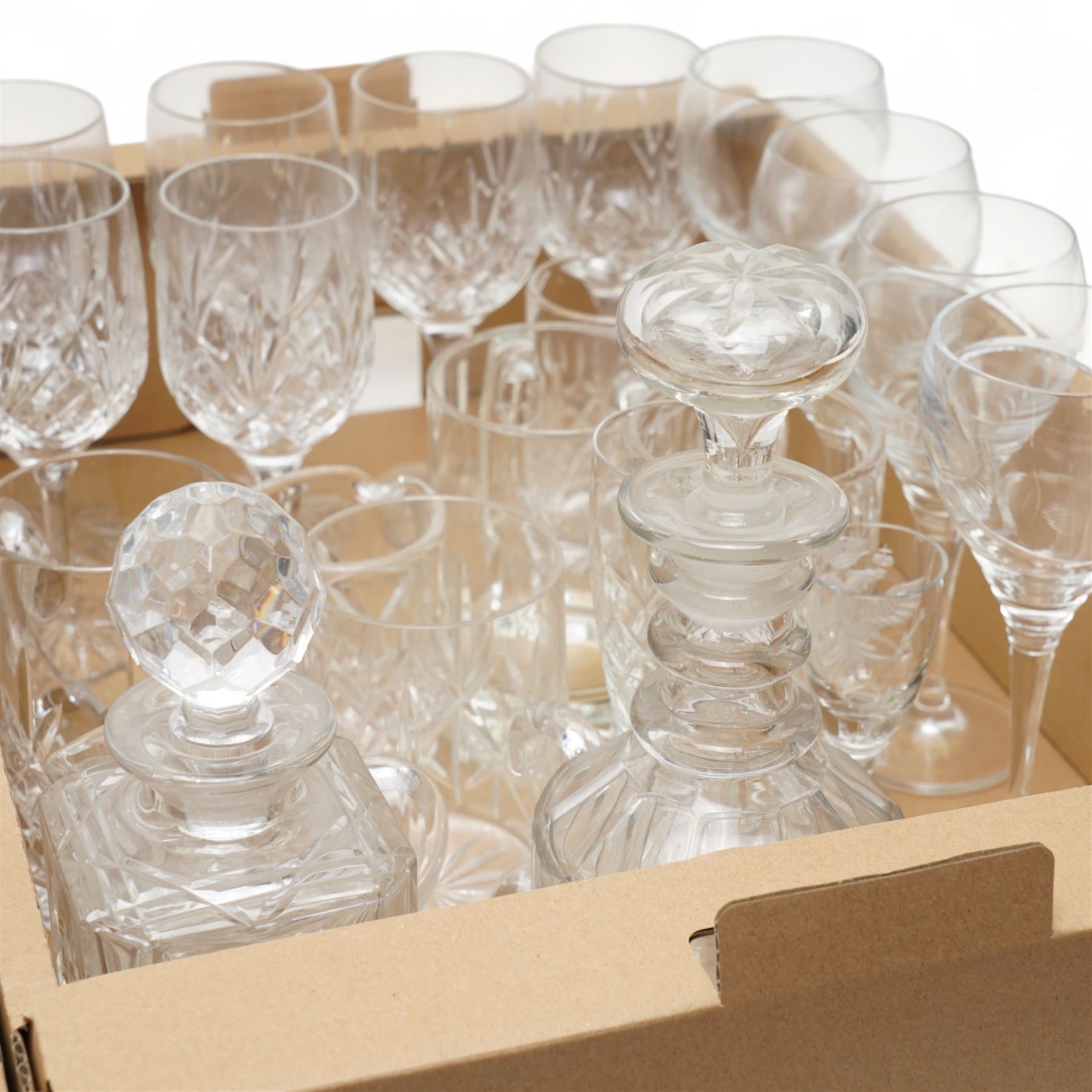 Edinburgh glass ships decanter, other decanters, cut table glass etc in two boxes