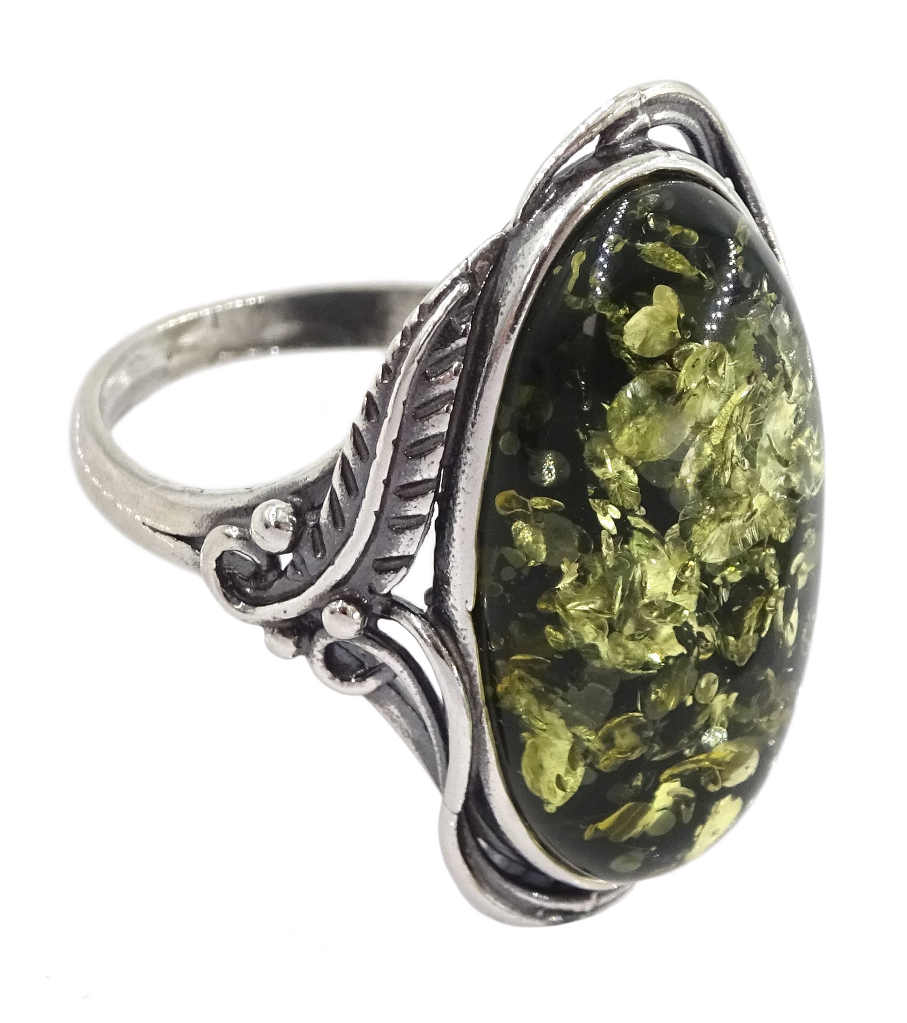 Silver single stone green amber ring, stamped 925