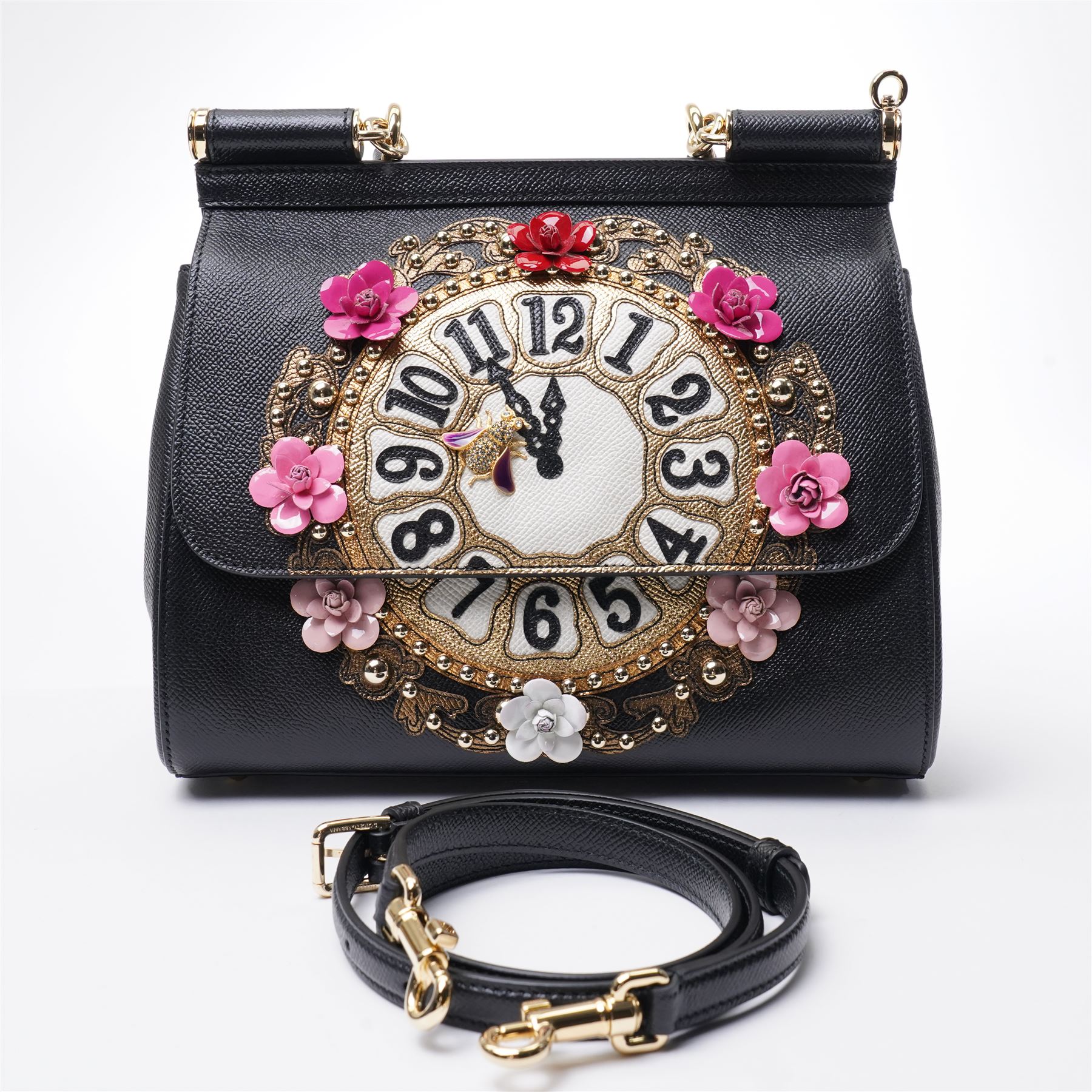 Dolce & Gabbana - 'Sicily Clock’ Medium Bag, from the Fairytale collection (Autumn/Winter 2016), in structured black textured leather, the front elaborately applied with a jewelled clock-face motif and floral embellishments, with top handle and detachable shoulder or crossbody strap, a limited production piece, unused with original box and dust bag