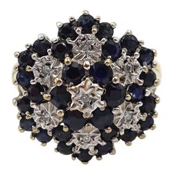 9ct gold sapphire and diamond chip flower head cluster ring, hallmarked