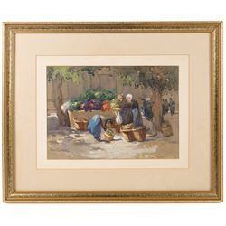 Mary Goudie Simpson (British 1869-1934): 'Vegetable Stall - Bruges', gouache signed, titled verso; Jean Fletcher (British 20th Century): 'St Anne's Square', mixed media signed and dated '95; together with two still lifes, oils on board signed K T and L I Warburton one dated 1906 max 45cm x 45cm (4)