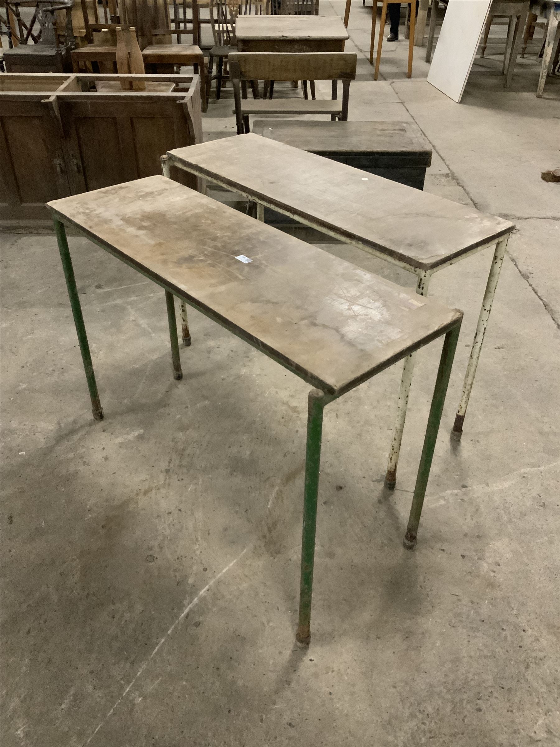 Pair of industrial steel and plywood console tables - THIS LOT IS TO BE COLLECTED BY APPOINTMENT FROM THE OLD BUFFER DEPOT, MELBOURNE PLACE, SOWERBY, THIRSK, YO7 1QY