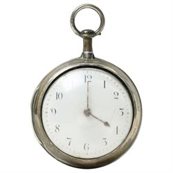 George III pair case verge key wind pocket watch with white enamel dial in silver case London 1799 