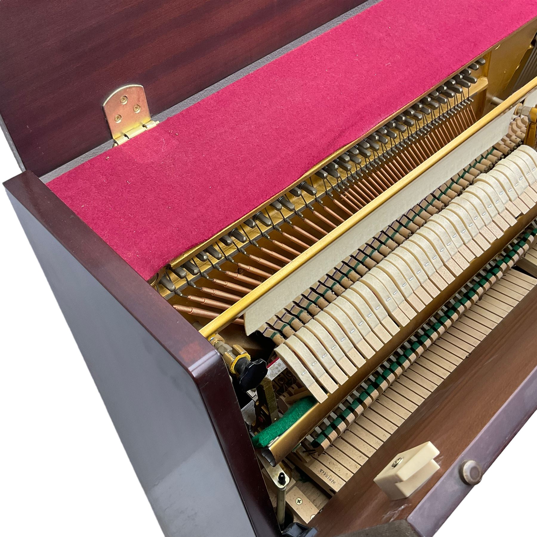 Offenbach - mid-20th century Sapele Mahogany cased upright piano, overstrung iron movement, with stool