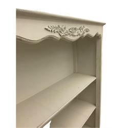French style cream painted open bookcase with two drawers