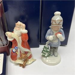 Two Royal Copenhagen figures, comprising Julie and Girl with Saw, together with Beswick Hunca Munca Sweeping, and two Villeroy & Boch christmas decorations, all with original boxes   