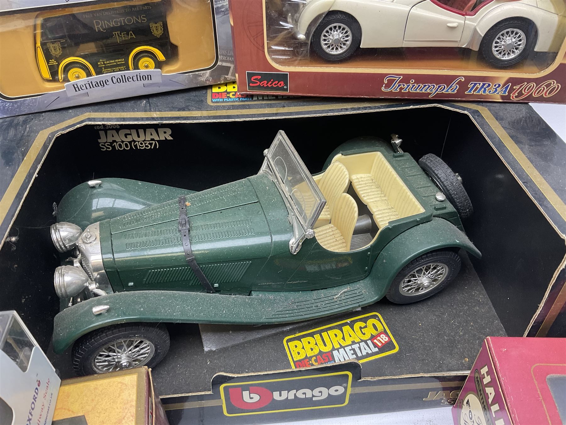 Bburago 1:18 scale Jaguar SS100 (1937); twenty-one modern die-cast 