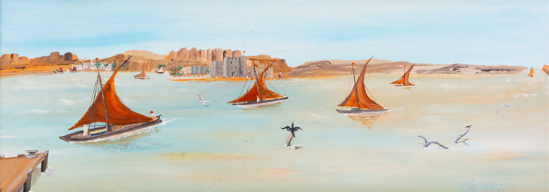 Michael Lawrence (British Contemporary): Merchant Vessels off a North African Port, oil on board signed 25cm x 71cm