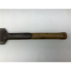 Estwing Black Eagle style double bit throwing axe with leather grip, virtually mint with labels present, plastic blade protectors and nylon sheath L43cm; another smaller Estwing axe stamped 24A to the pommel, with leather grip and sheath; and a vintage short handled hedge knife, the blade stamped IH (?) No.2 (3)