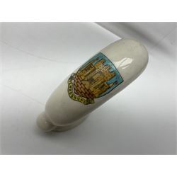 Ten WW1 crested china military models comprising submarine, four ships including Lusitania, four Zeppelins/balloons and an aircraft; various makers including Arcadian China, Swan China, Carlton China, Waterfall, Grafton China etc; various crests including Saint Neots, Great Yarmouth, Tewksbury, Swanage, Simons Town, Hull etc (10)