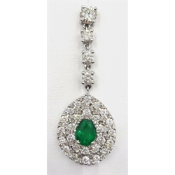 Pair of 18ct white gold pear drop emerald and diamond cluster drop ear-rings hallmarked, emeralds 1.7 carat, diamonds 3.25 carat  