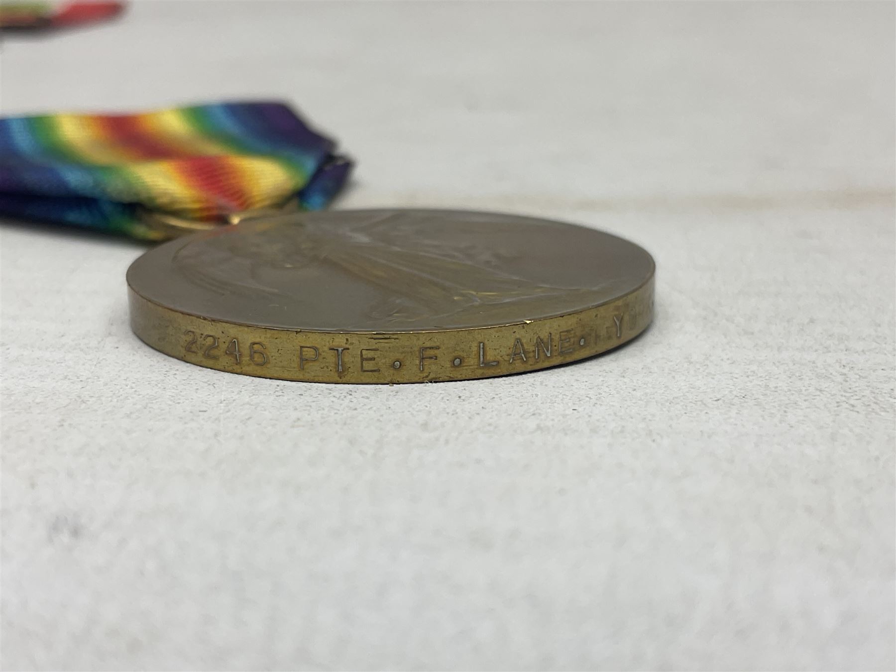 WW1 pair of medals comprising British War Medal and Victory Medal awarded to 2246 Pte. F. Lane York. R.; and WW1 Mercantile Marine Medal to James Carwell-Cooke; all with ribbons (3)