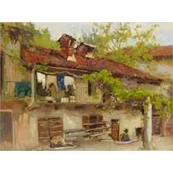  Patrick William Adam RSA (Scottish 1854-1929): 'Near Palanza' Italy, oil on canvas mounted on to board signed, original title with artist's address 'Ardilea, North Berwick verso 29cm x 39cm  
Provenance: private collection