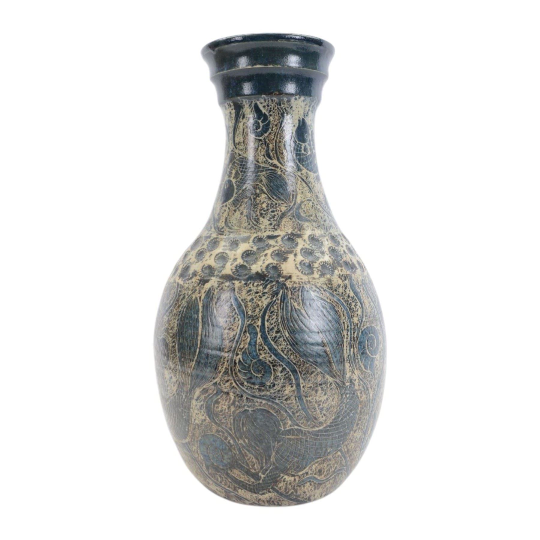 John Egerton (c1945-2024): studio pottery stoneware vase of baluster form, decorated with fish, mermaids and ammonites upon a blue ground, H56cm 