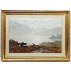 After Gerald Coulson (British 1926-): Herding Sheep on the Lakeside, colour print 50cm x 75cm in gilt frame, together with three small gilt framed prints max 9cm x 13cm (4)