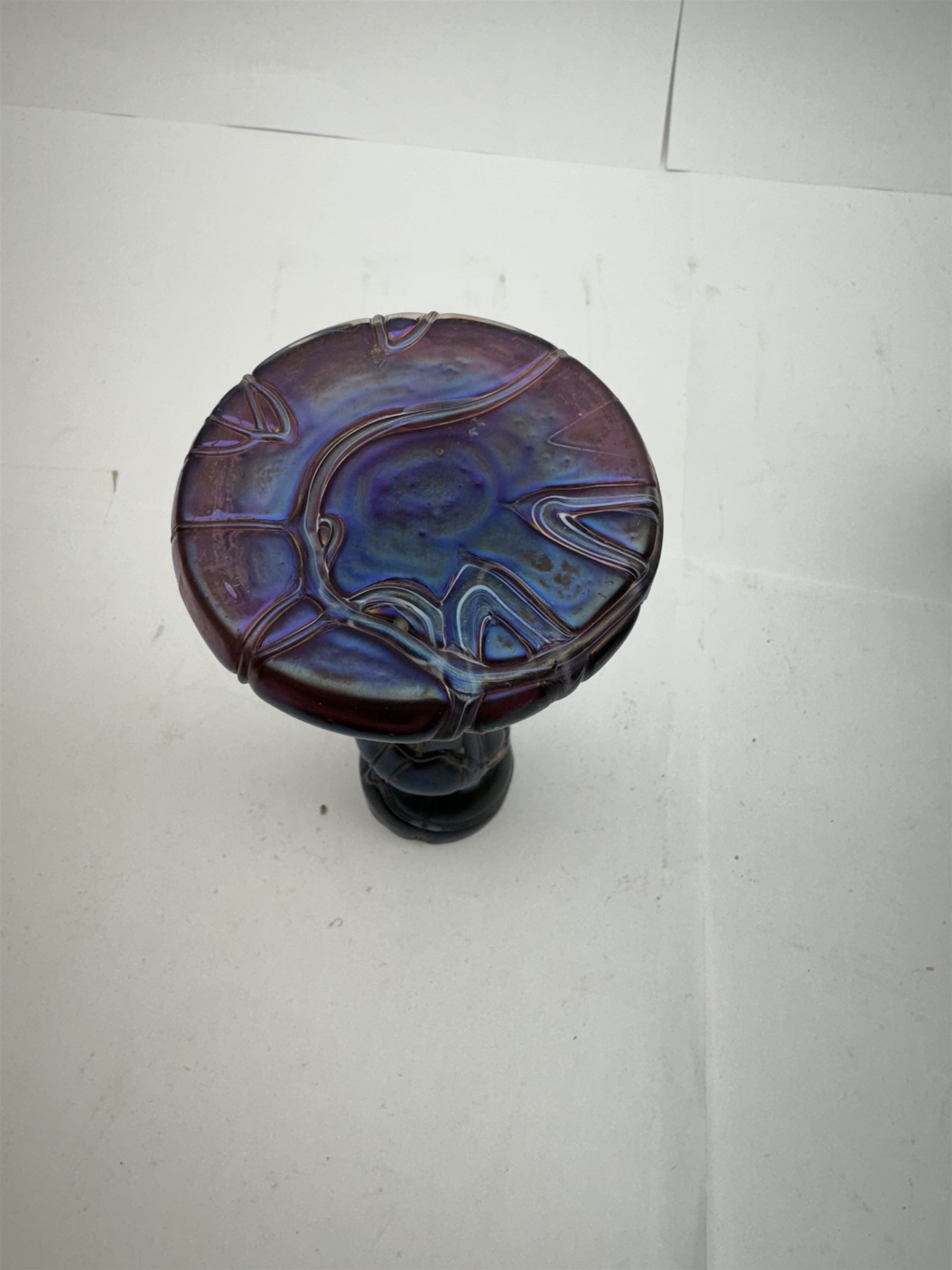 Five Austrian Art Nouveau glass vases, to include Pallme-Konig example with split fluted rim, two similar Kralik examples with threaded vein decoration and two others, tallest H21.5cm