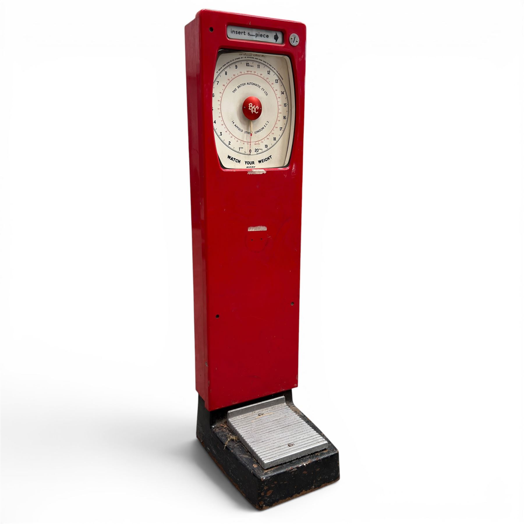 British Automatic Co. Ltd. - mid-20th century coin operated automatic weighing scales, in red finish