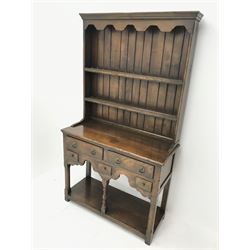 Small Georgian style distressed medium oak dresser, fitted with five drawers, pot-board base and two tier plate rack, W91cm, D37cm, H162cm