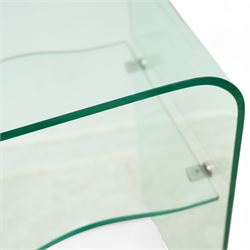 Contemporary glass two-tier console table of minimalist design, rectangular top with a single sheet of curved glass with a waved under tier supported with metal fittings 