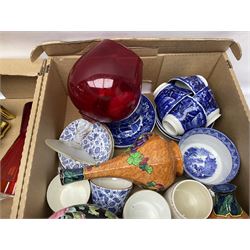 Newhall Boumier Ware vase, two Maling lustre bowlsmParagon George V commemorative cup, collection of ceramics and coloured and cut glassware, etc, in three boxes