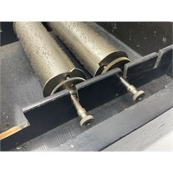 Swiss - 19th-century cylinder music box with three butterfly bells in sight, in a mahogany case with two separately boxed  6” cylinders, glazed viewing lid, 41 tooth comb (one tooth broken) crank key missing, movement untested.