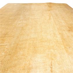 Acornman - 5' adzed oak dining table, rectangular top above a trestle base united by a stretcher with carved acorn signature, by the workshop of Alan Grainger of Brandsby
