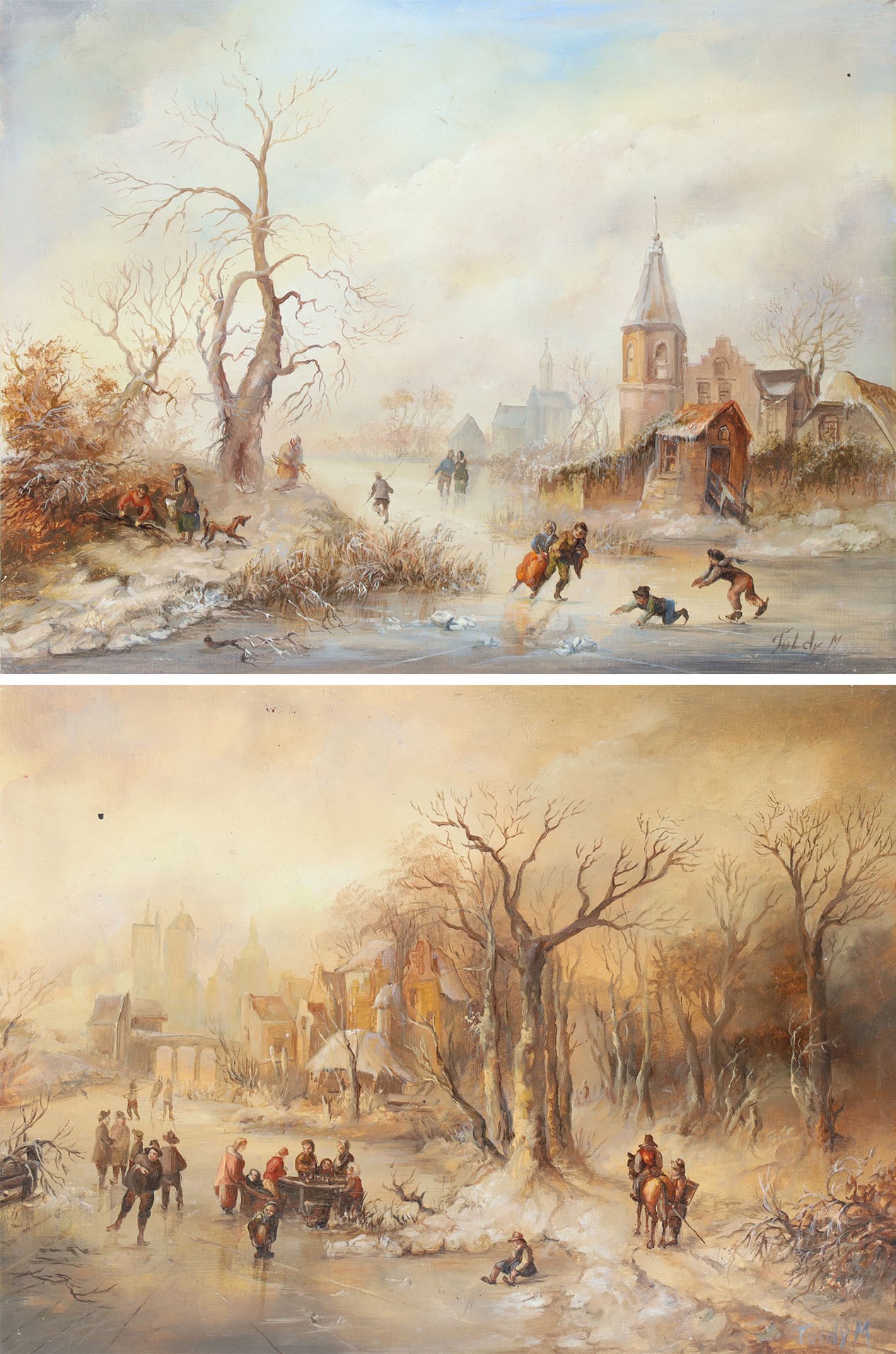 Mária Toldy (Hungarian 1939-) after Fredrik Marinus Kruseman (Dutch 1816-1882): Woodland Ice Skating Scene, pair of oils on panel signed 19cm x 25cm (2) (unframed)